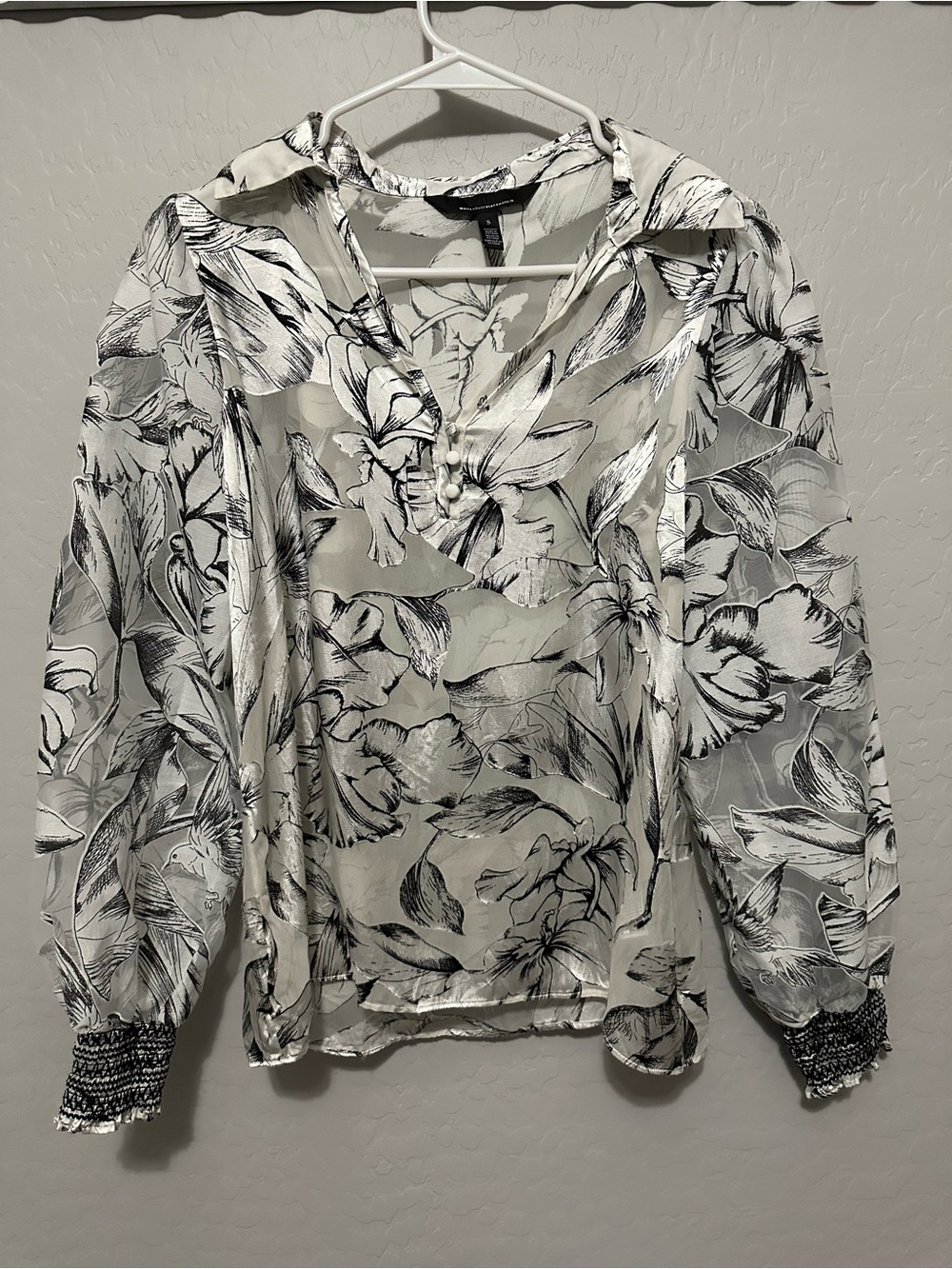 White House Black Market Sheer Floral Blouse in White and Black